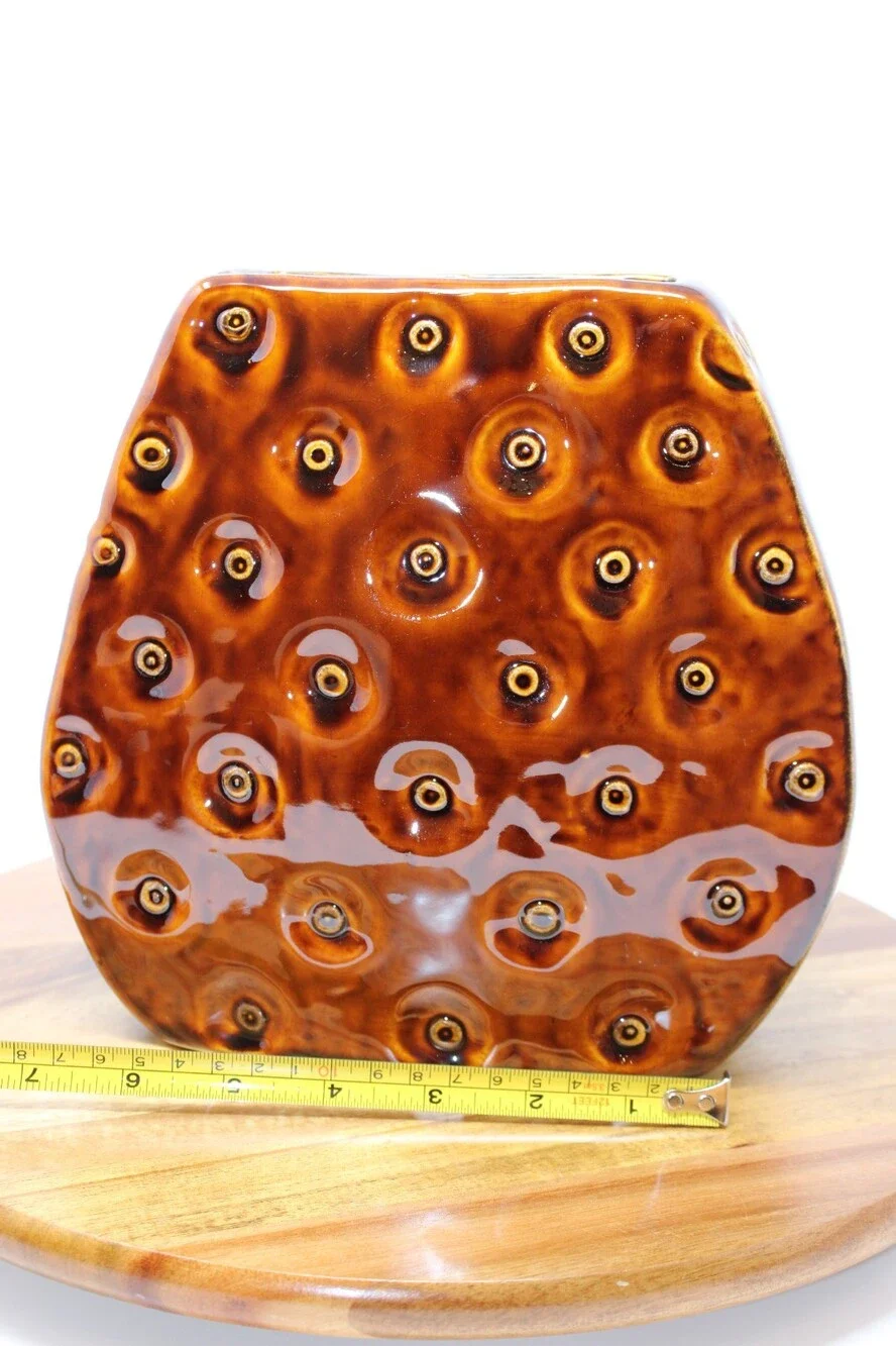 Mid Century Modern Brown Ceramic Circle Vase Dimpled Bullseye Studio Art Pottery